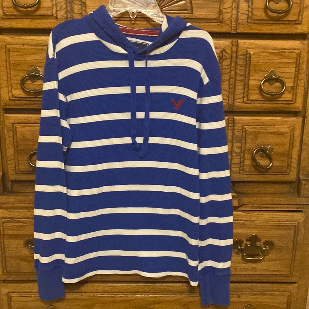 American Eagle L/S Hooded Knit Shirt Vintage Fit Blue/White Striped Men’s Small